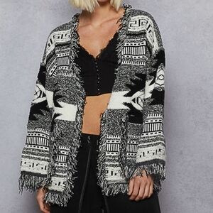 POL Black and White Fringe Cardigan